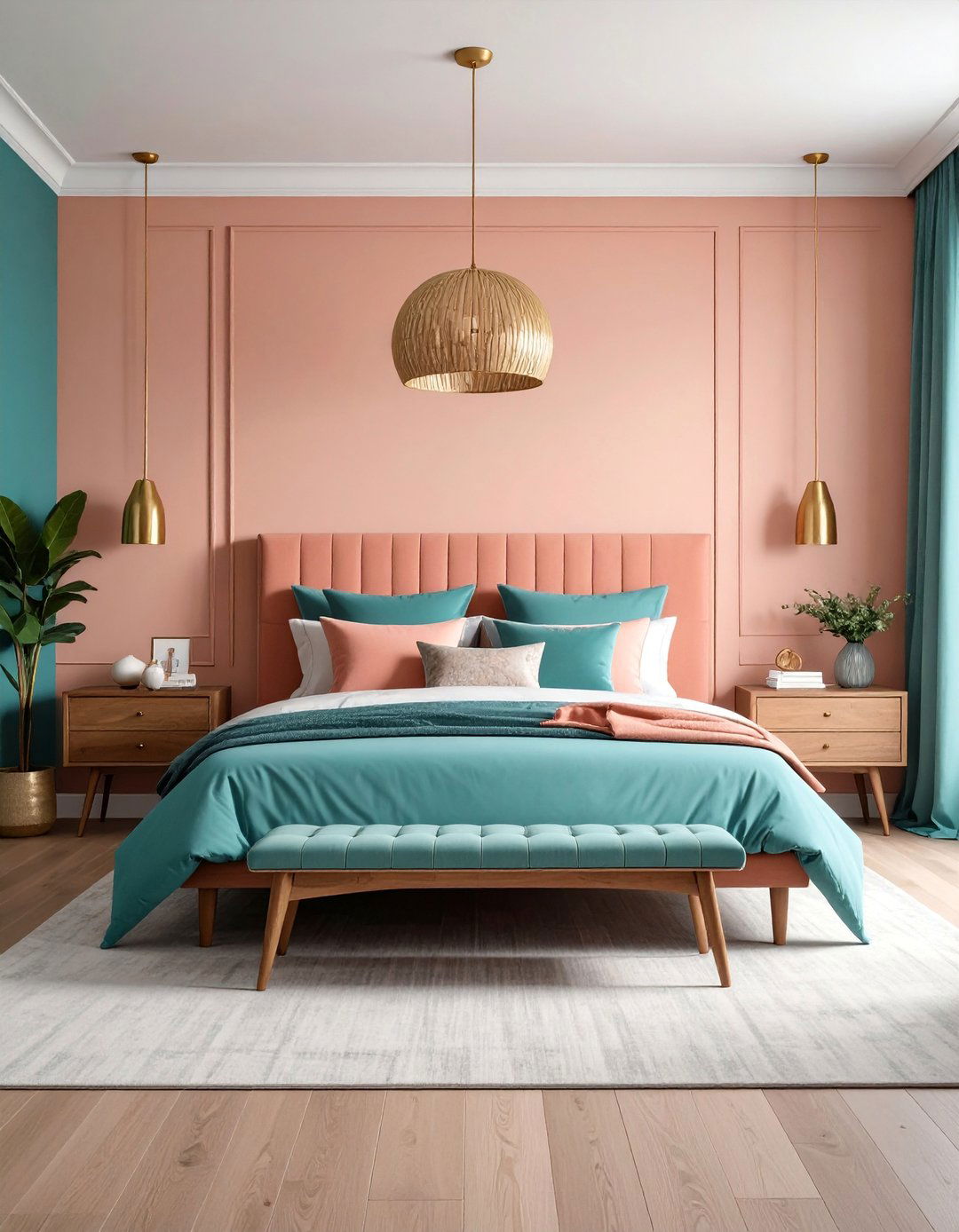 Coral and Teal Bedroom with Gold Accents - 25 Colorful Room Ideas