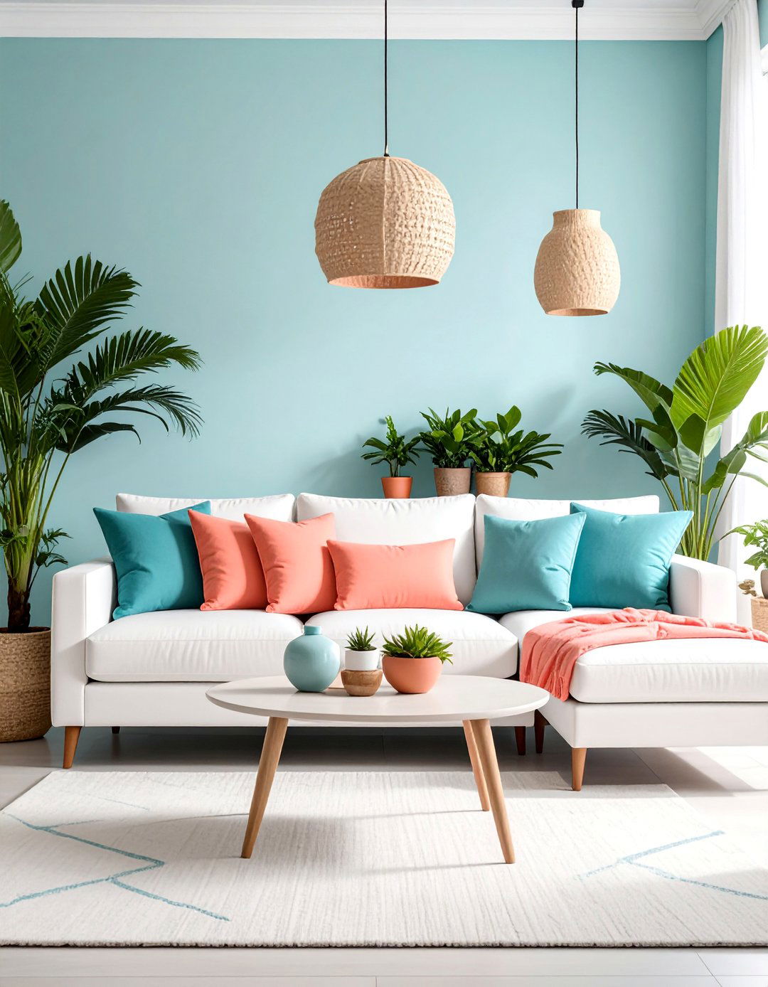 Coral and Turquoise Living Room with Tropical Colors - 25 Coastal Living Room Ideas
