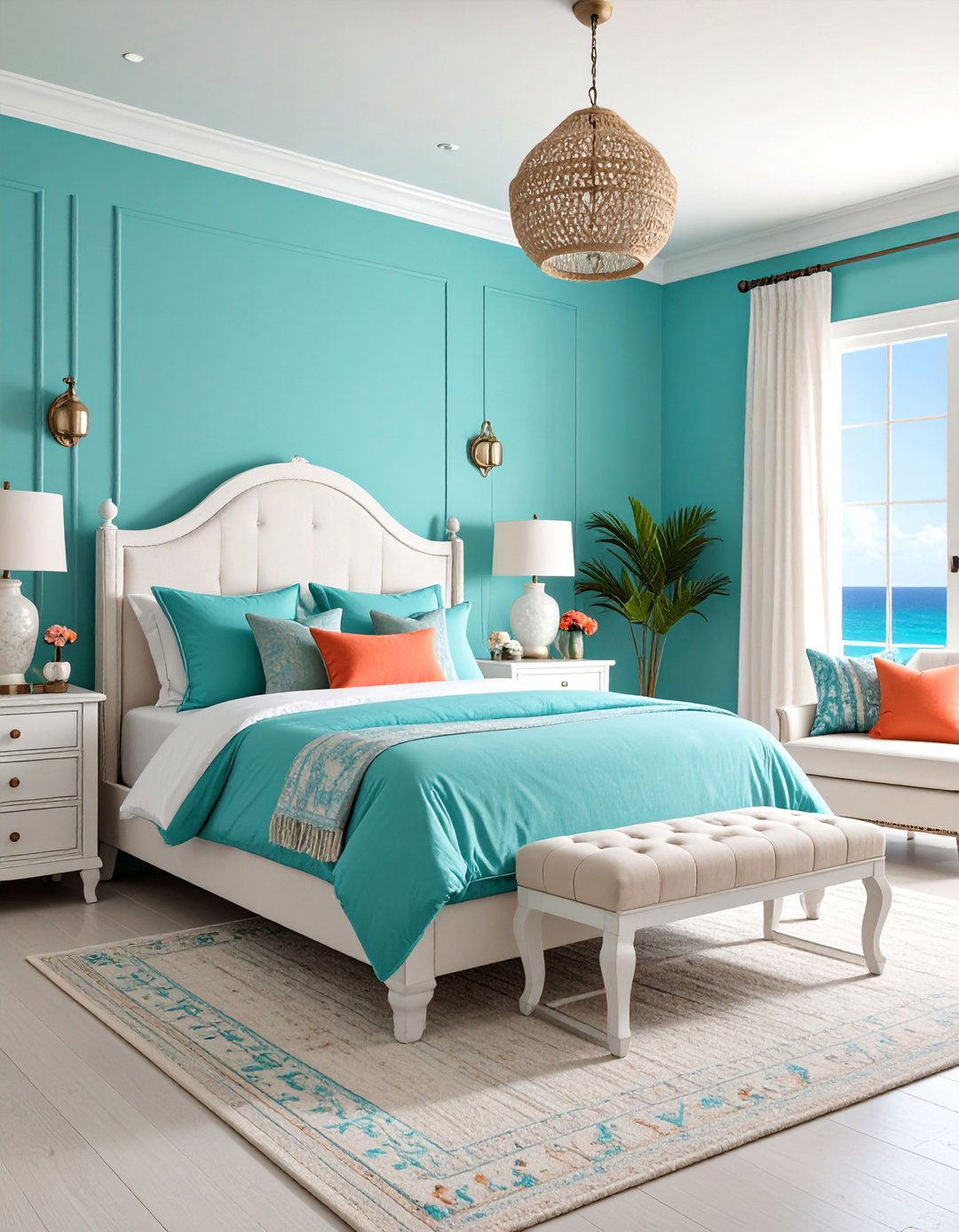 Coral and Turquoise Tropical Bedroom with Coastal Elements - 25 Tropical Bedroom Ideas