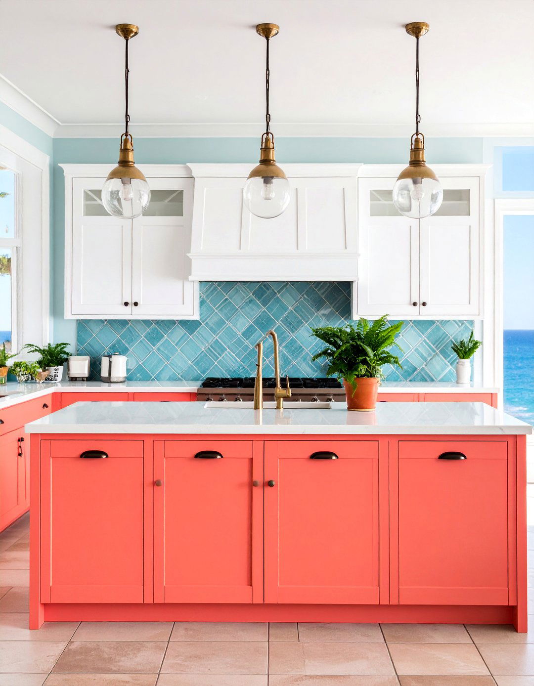 Coral and White Beach House Kitchen - 25 Two Tone Kitchen Cabinet Ideas