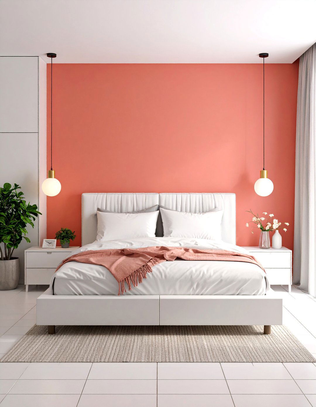 Coral and White Minimalist Bedroom with Clean Lines - 25 Coral Bedroom Ideas