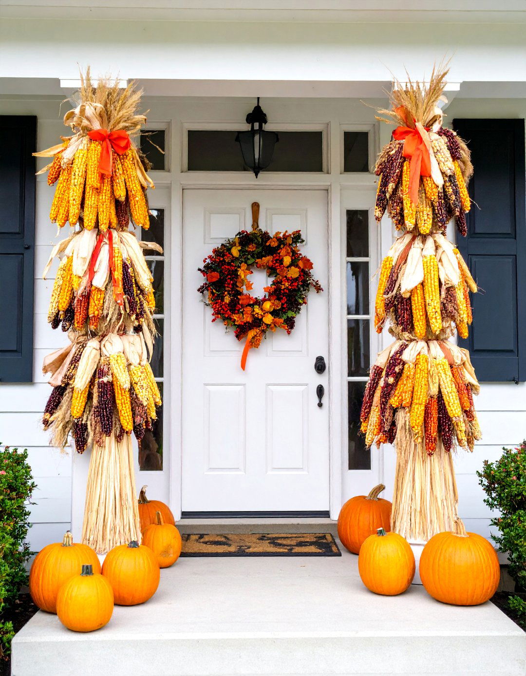 Corn Husk and Wheat Bundle Harvest Theme - 25 Front Door Fall Decor Ideas