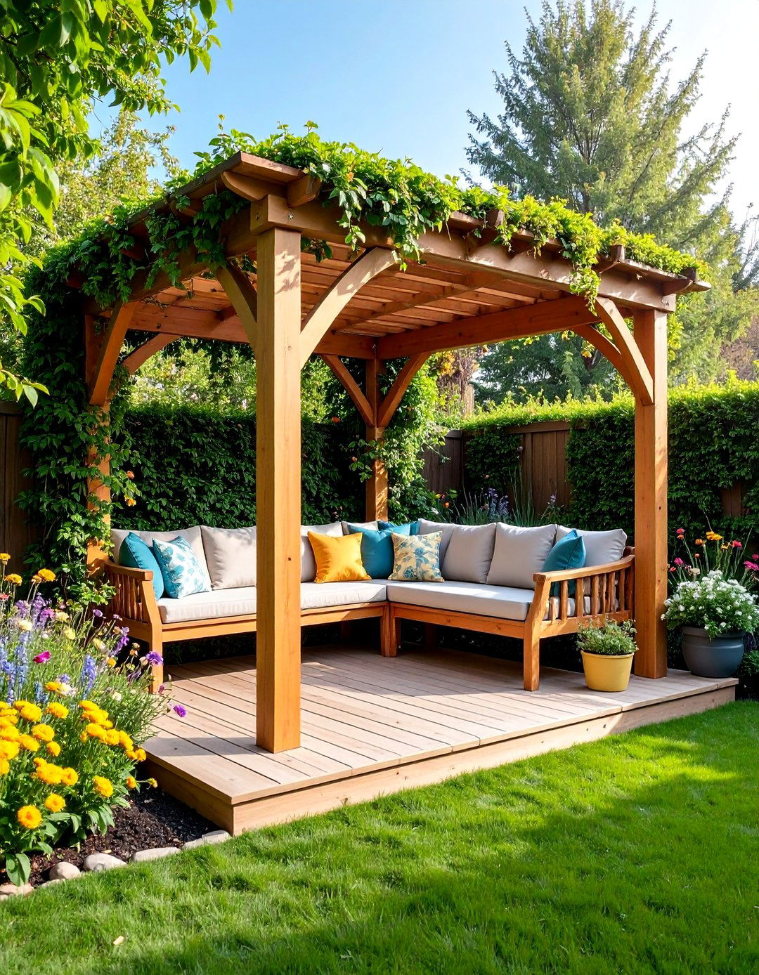 Corner Arbor Arch with Built in Seating - 25 Garden Arch Ideas