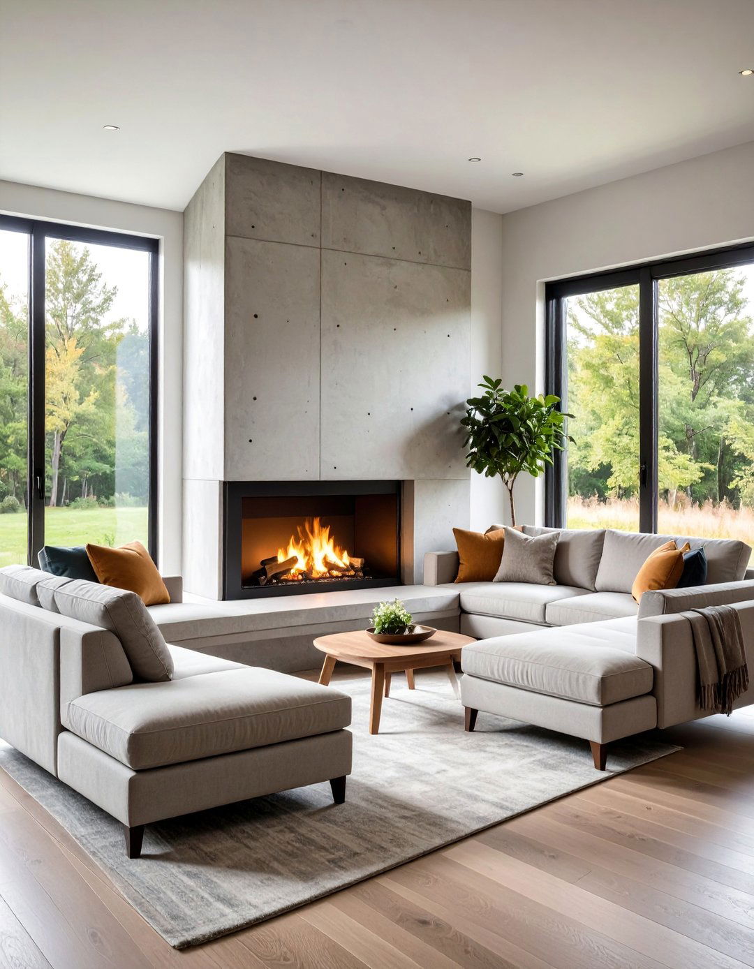 Corner Concrete Fireplace with Built in Seating - 25 Concrete Fireplace Ideas