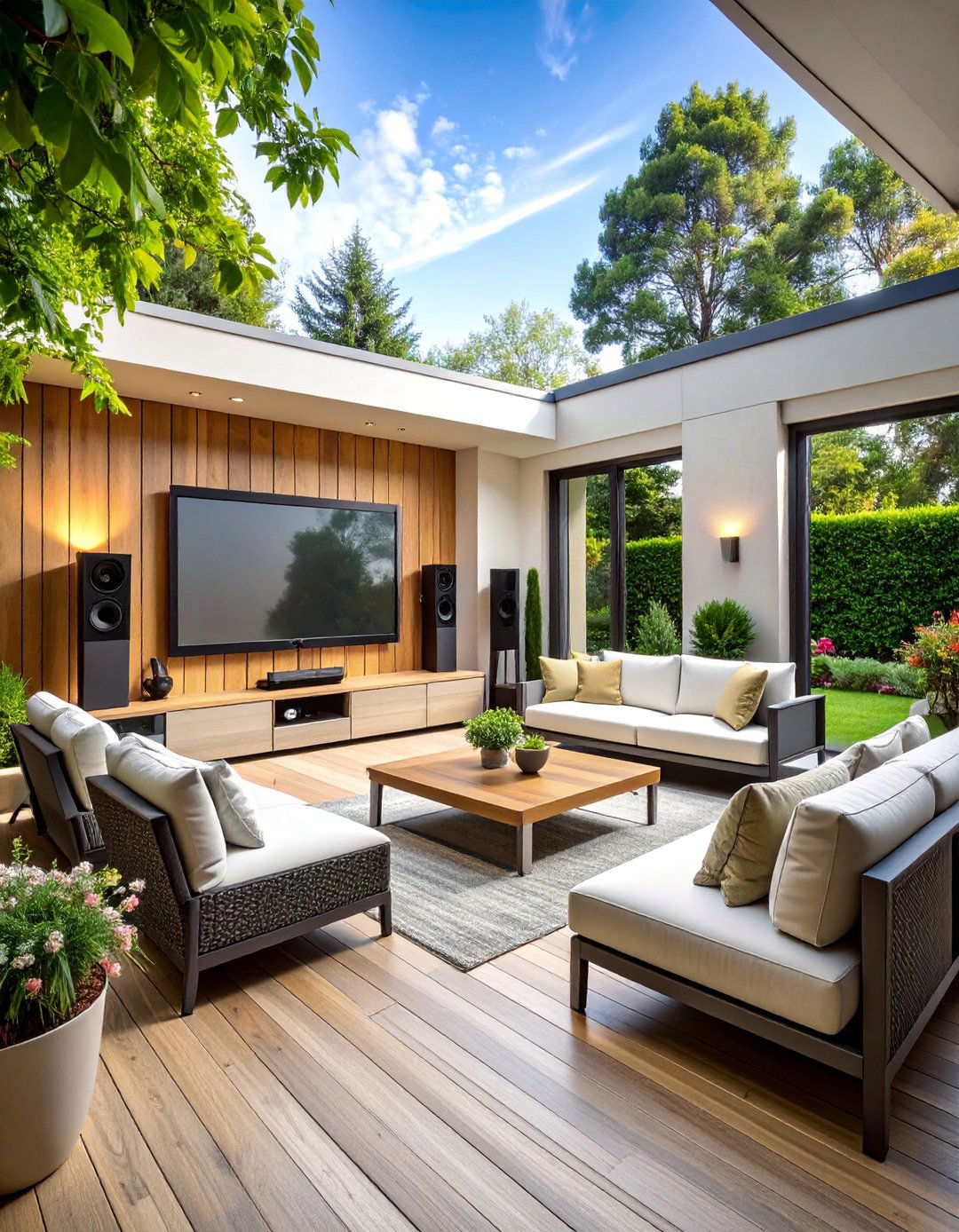 Corner Entertainment Center with Outdoor Television - 25 Corner Patio Ideas