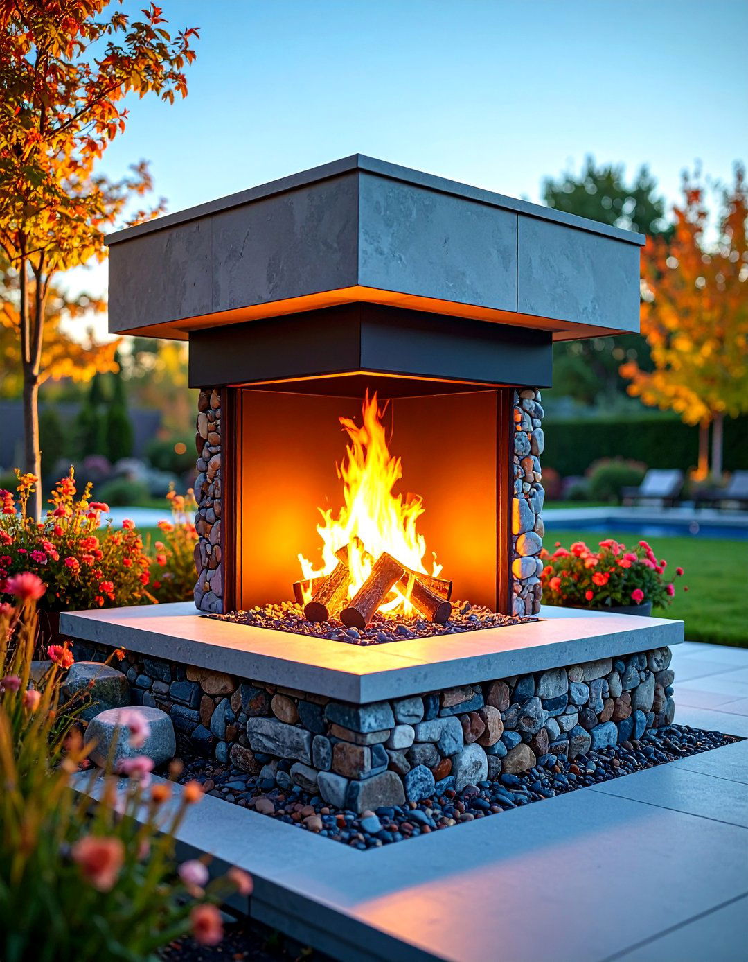 Corner Fireplace with Artistic and Sculptural Elements - 25 Outdoor Corner Fireplace Ideas