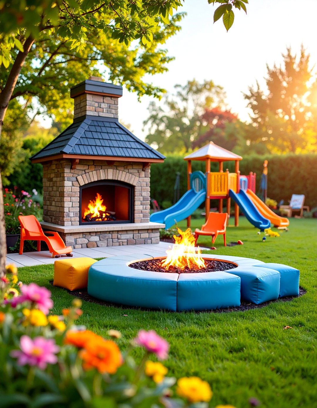 Corner Fireplace with Childrens Activity Integration - 25 Outdoor Corner Fireplace Ideas