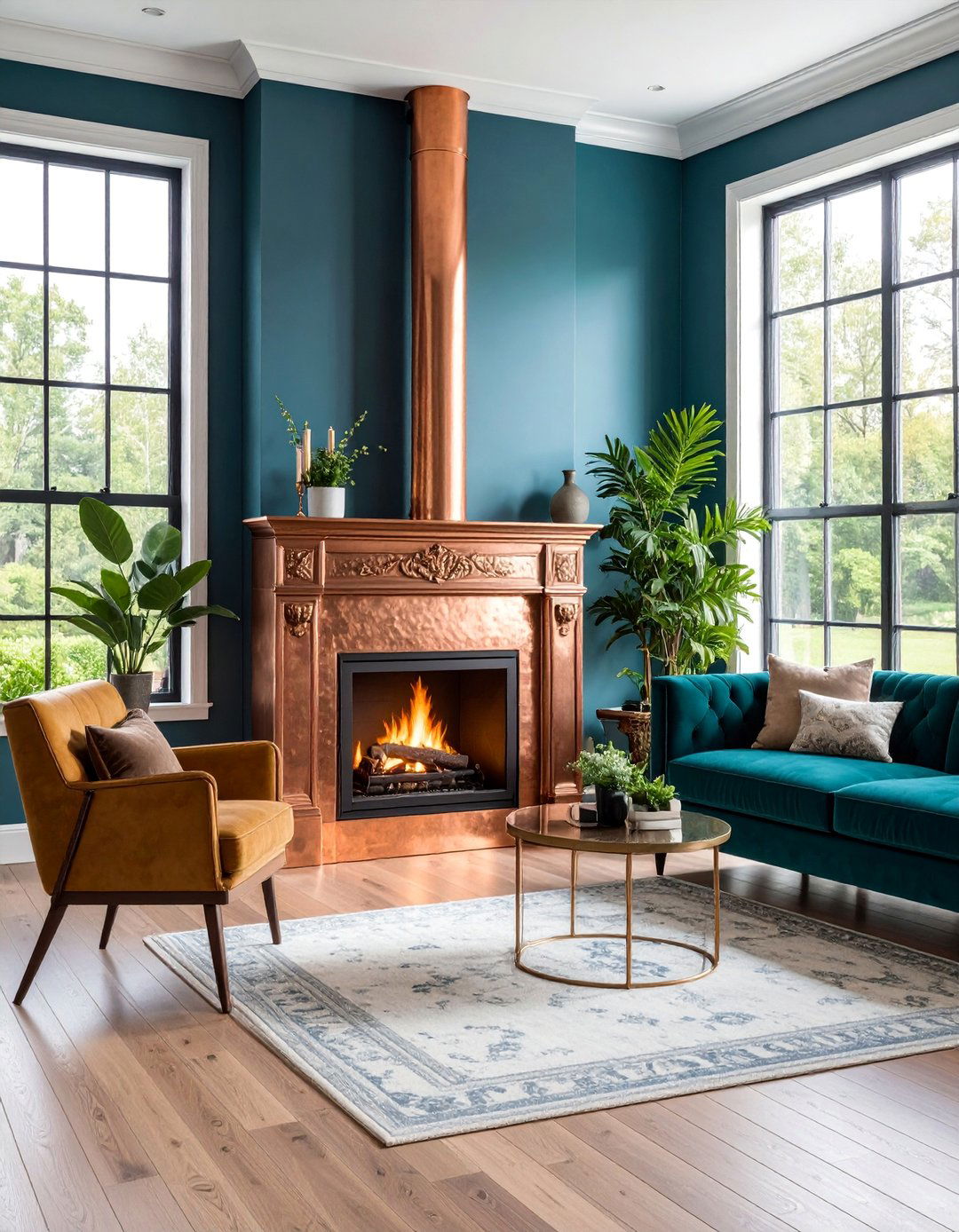 Corner Fireplace with Copper and Metallic Finishes - 25 Corner Fireplace Ideas