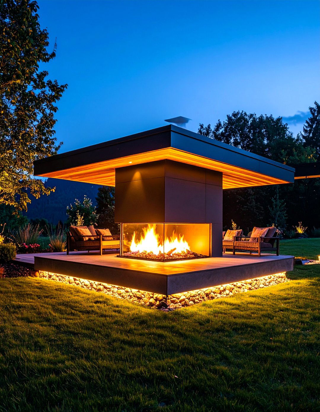 Corner Fireplace with Dramatic Lighting Design - 25 Outdoor Corner Fireplace Ideas