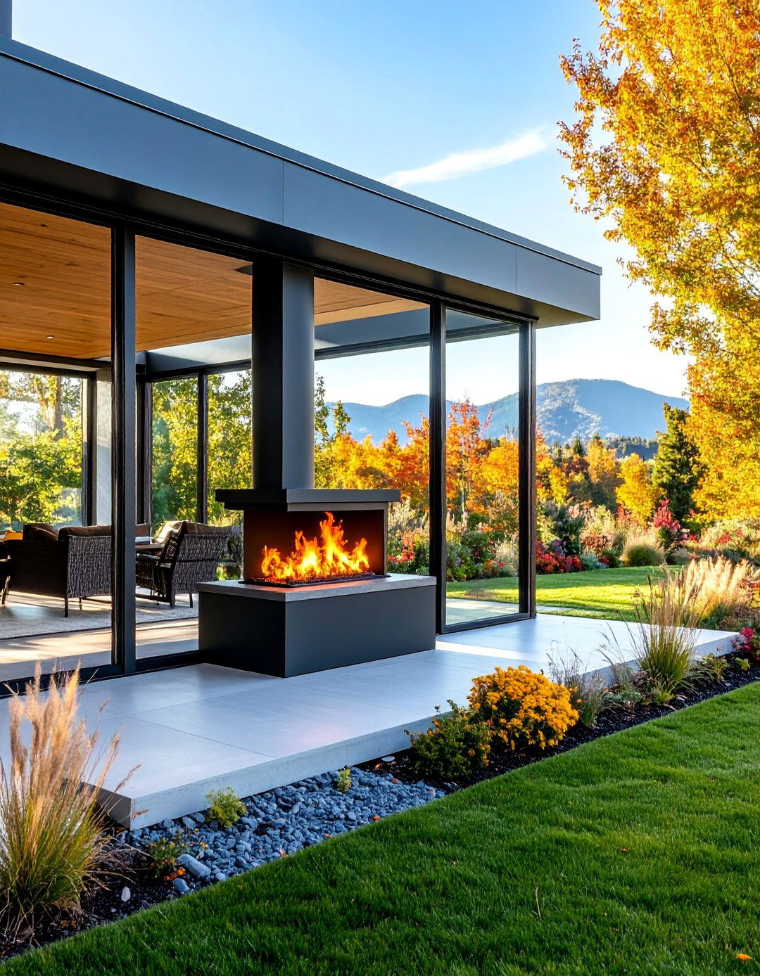 Corner Fireplace with Four Season Weather Protection - 25 Outdoor Corner Fireplace Ideas