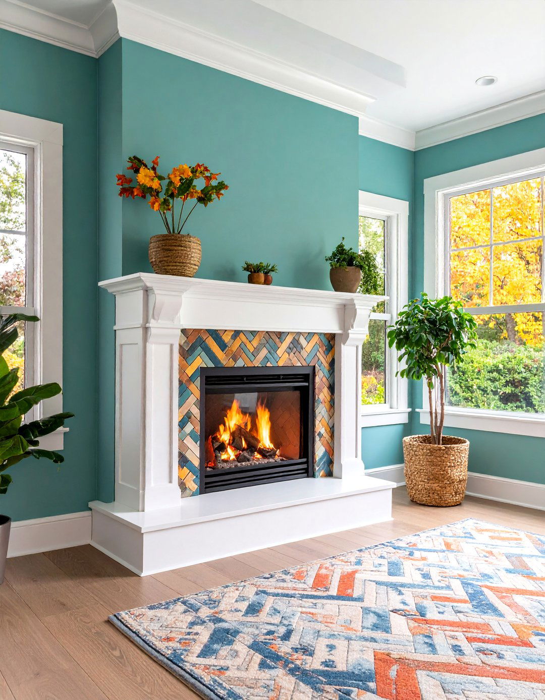 Corner Fireplace with Herringbone Tile and Storage Mantel - 25 Faux Fireplace Ideas