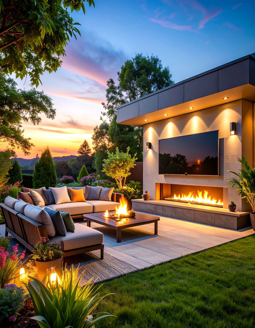 Corner Fireplace with Integrated Outdoor Entertainment System - 25 Outdoor Corner Fireplace Ideas