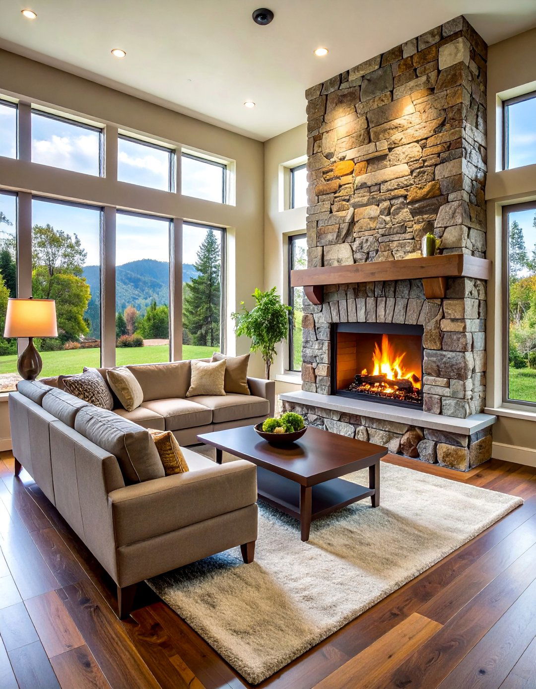 Corner Fireplace with Natural Stone Veneer - 25 Corner Fireplace Ideas