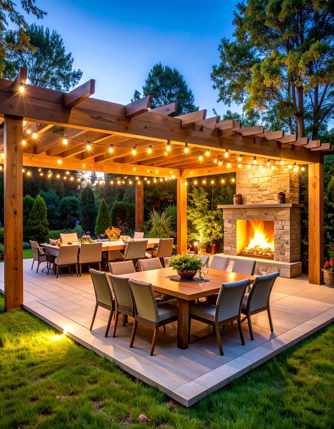 Corner Fireplace with Pergola and Dining Integration - 25 Outdoor Corner Fireplace Ideas