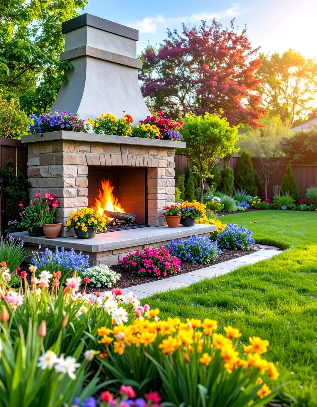 Corner Fireplace with Seasonal Garden Integration - 25 Outdoor Corner Fireplace Ideas