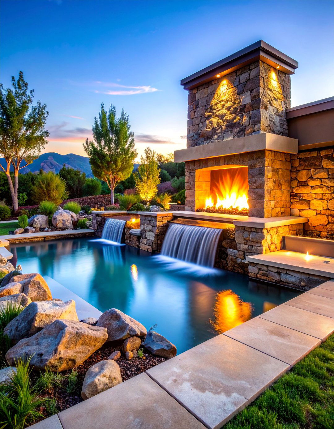 Corner Fireplace with Water Feature Integration - 25 Outdoor Corner Fireplace Ideas