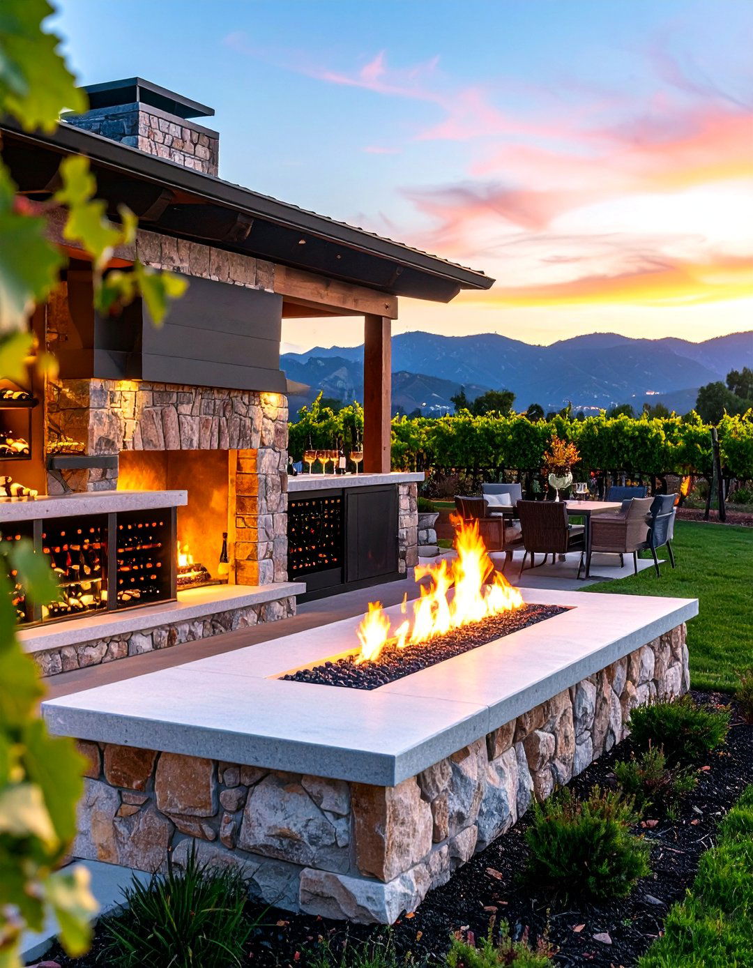 Corner Fireplace with Wine Storage and Tasting Area - 25 Outdoor Corner Fireplace Ideas
