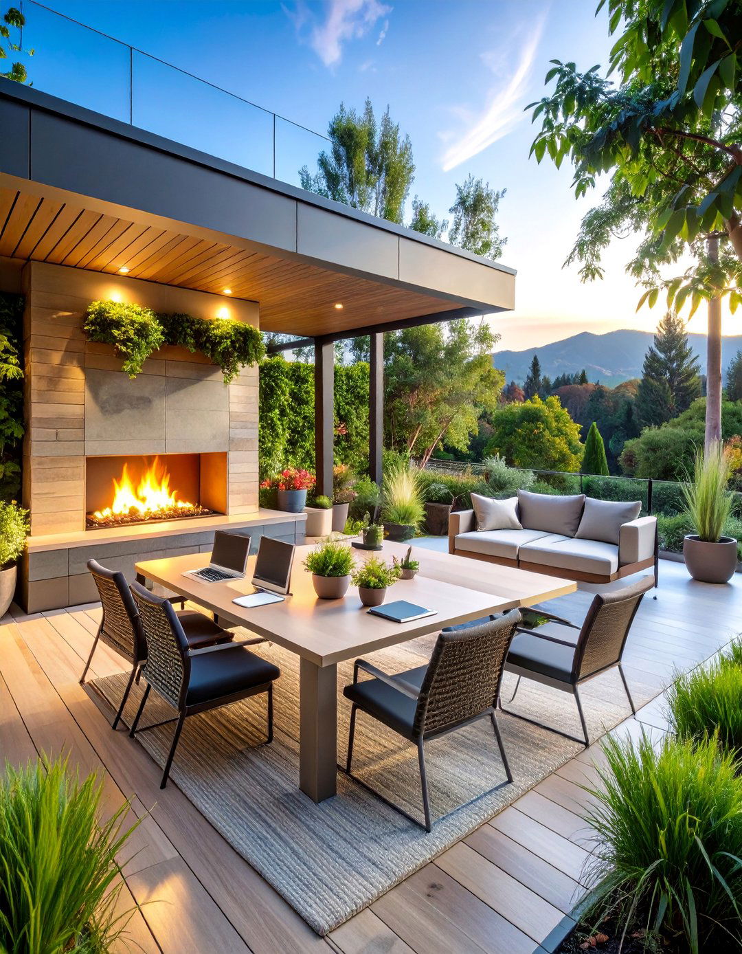 Corner Fireplace with Workspace and Office Elements - 25 Outdoor Corner Fireplace Ideas