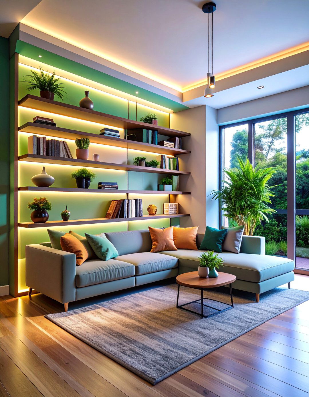 Corner Floating Shelves with LED Lighting - 25 Living Room Storage Ideas