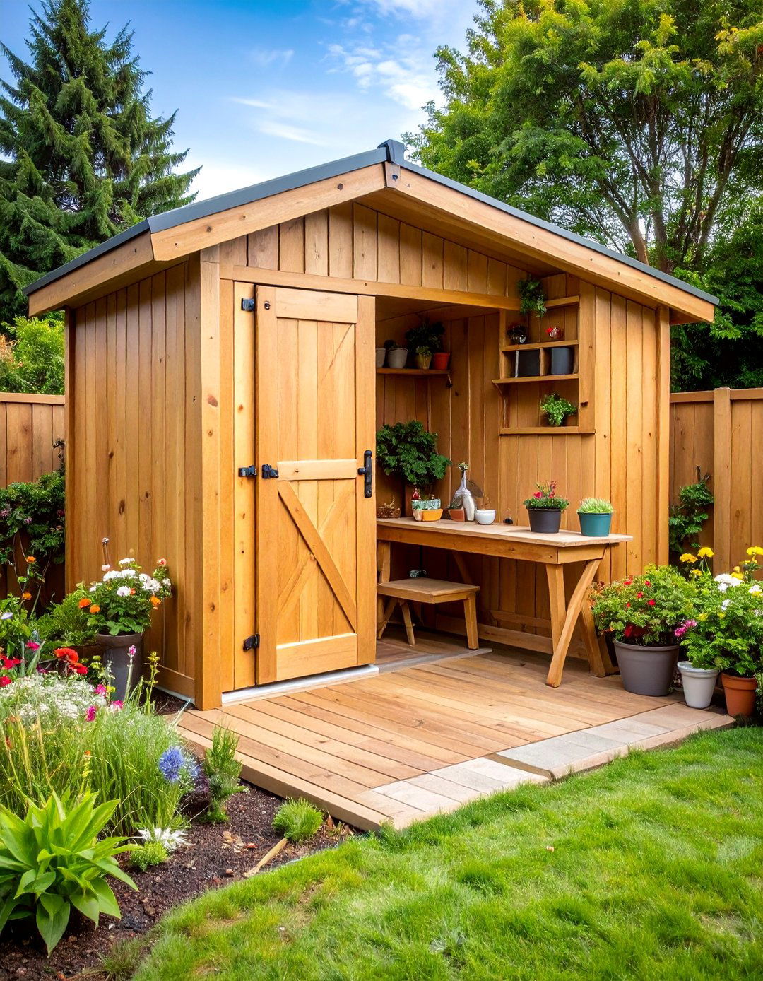 Corner Garden Shed with Potting Station - 25 Corner Patio Ideas