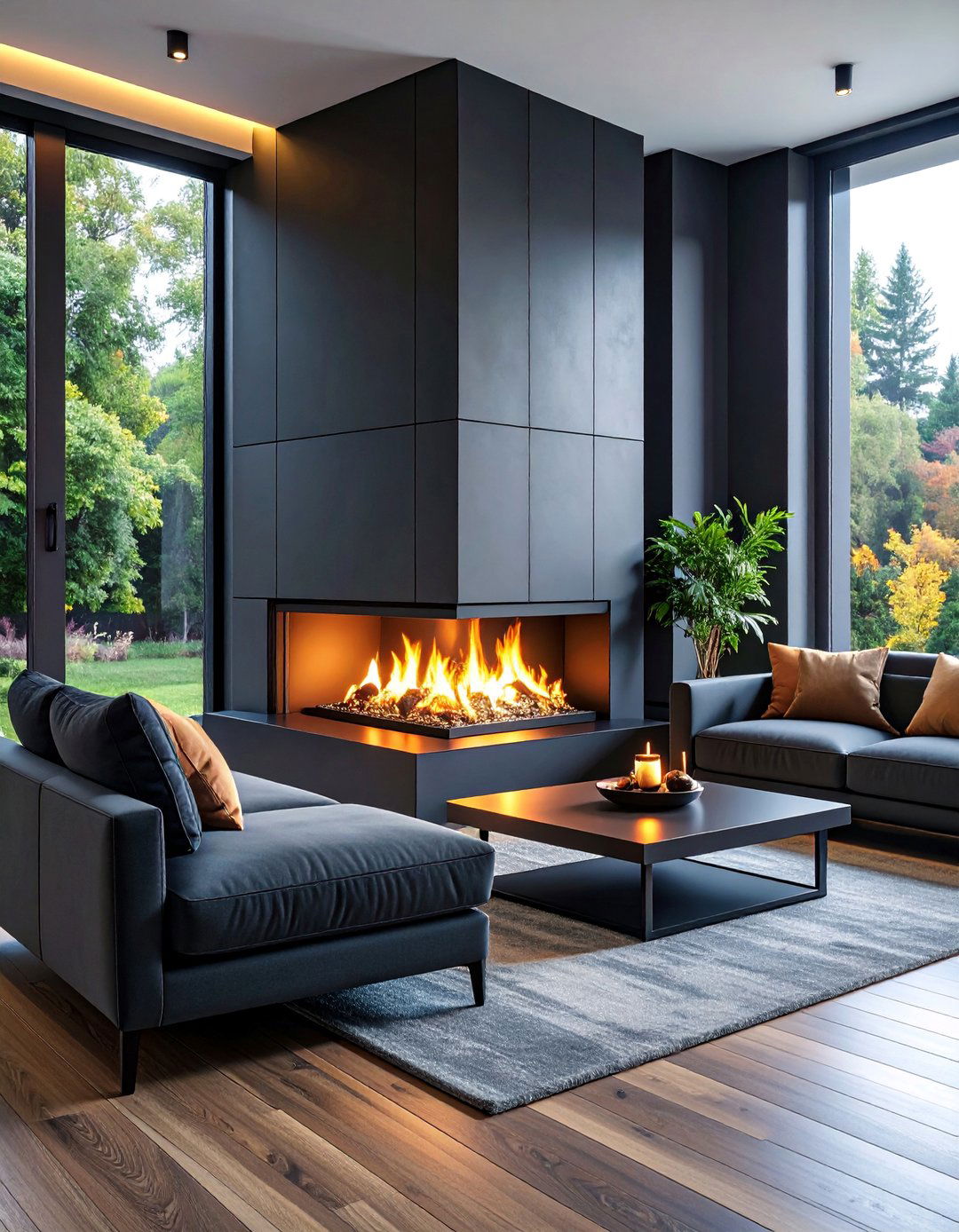 Corner Gas Fireplace with Black Accent Modern Drama - 25 Corner Gas Fireplace Ideas