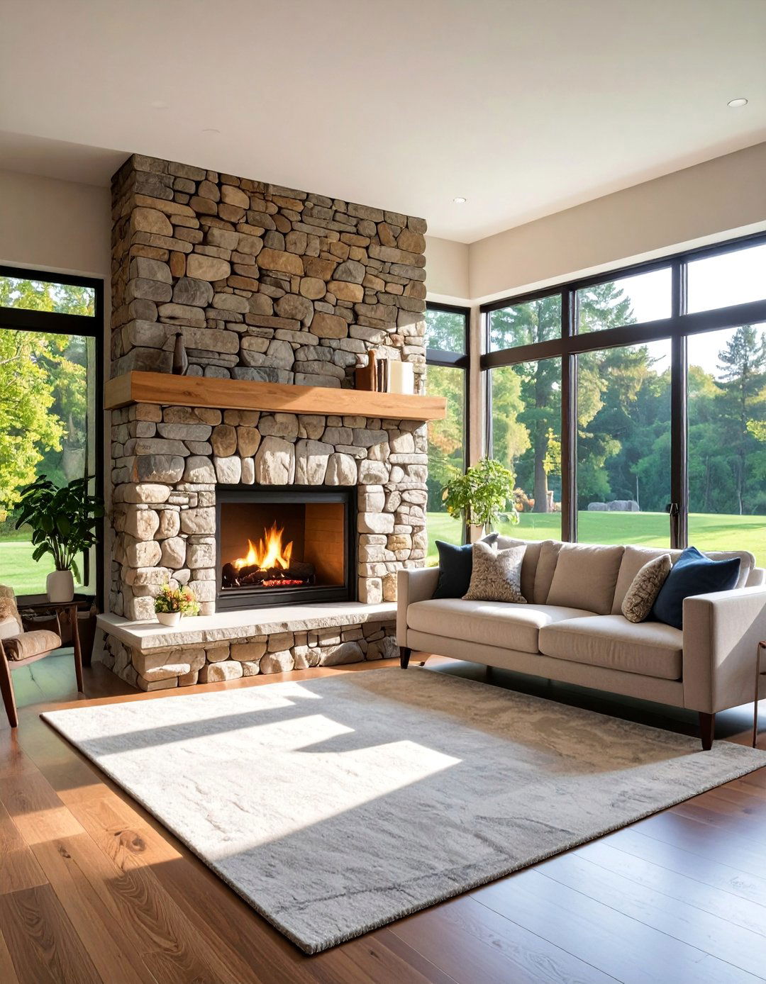 Corner Gas Fireplace with Stacked Stone Texture - 25 Corner Gas Fireplace Ideas