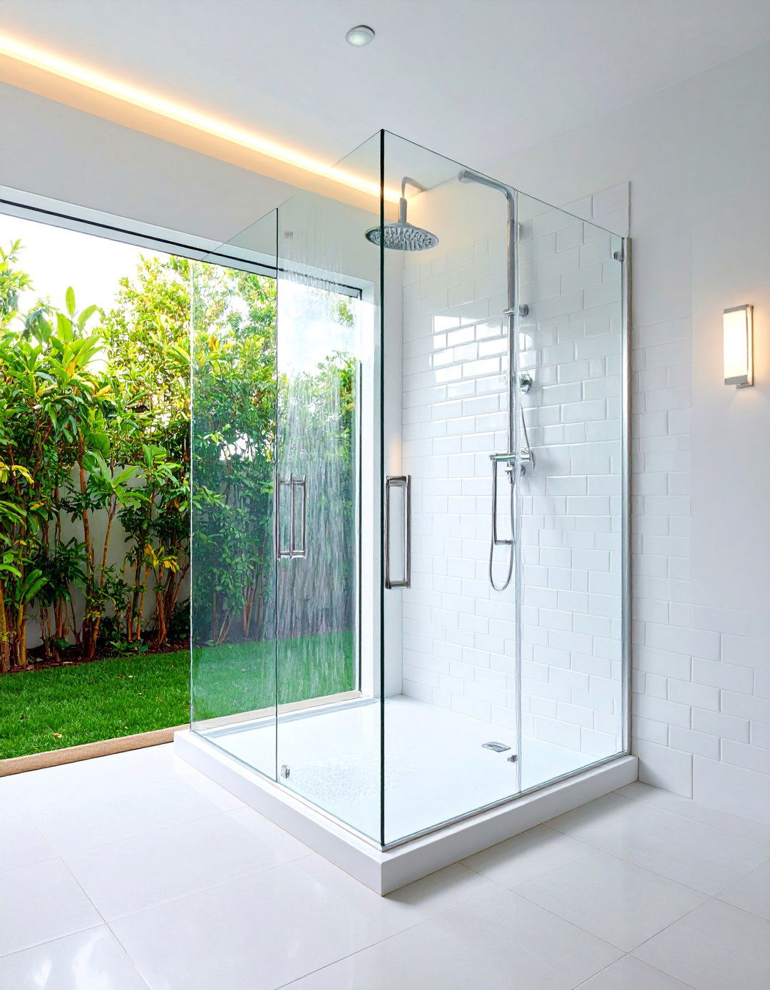 Corner Glass Enclosed Walk in Shower with White Subway Tile - 25 Small Bathroom Walk-in Shower Ideas