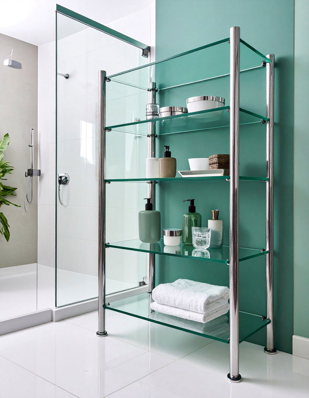 Corner Glass Shelf Unit with Chrome Framework - 25 Bathroom Wall Storage Ideas