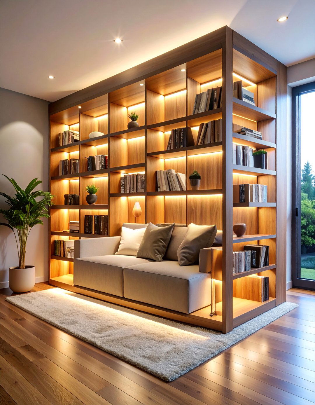 Corner L Shaped Bookshelf with LED Lighting - 25 Living Room Bookshelf Ideas