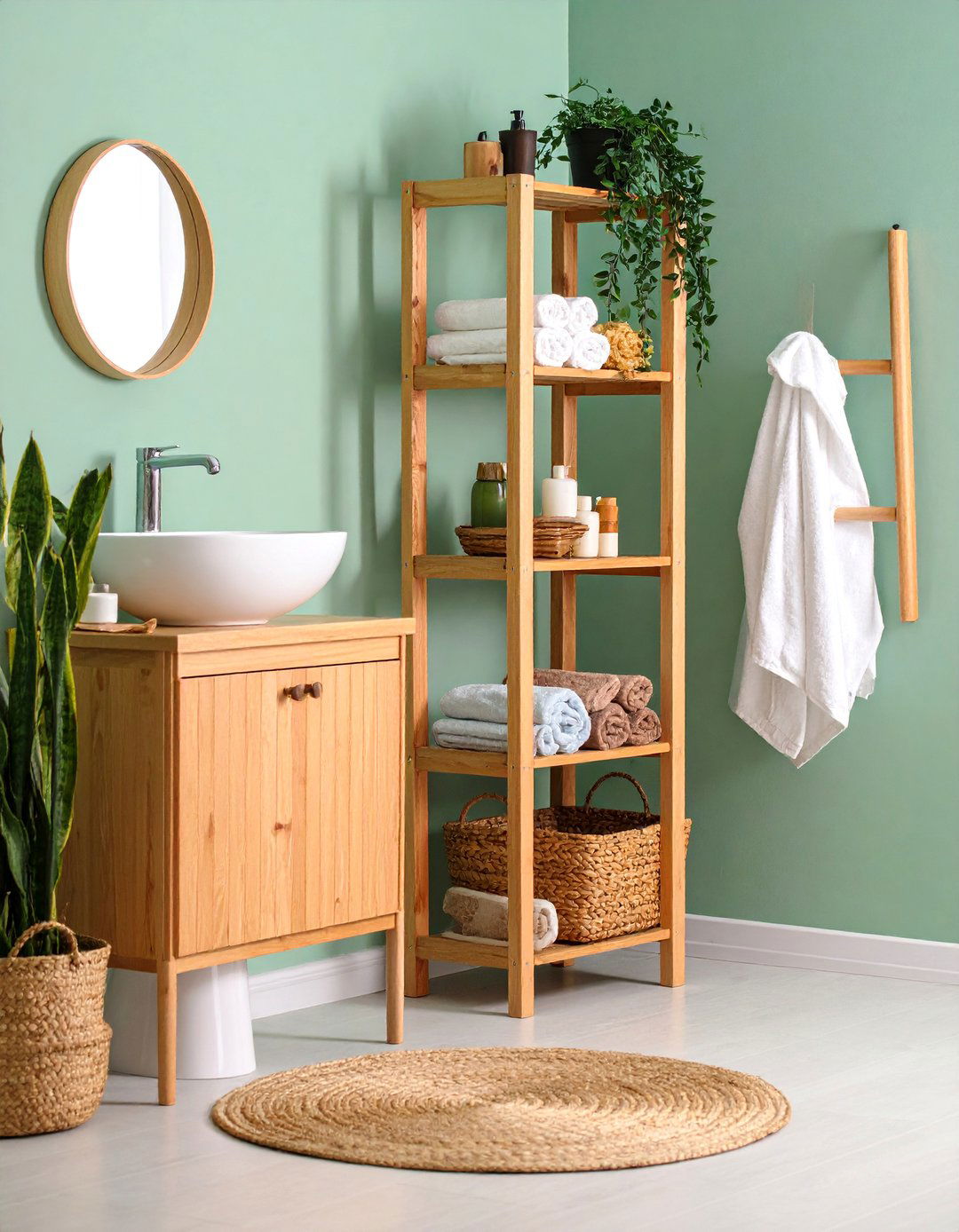 Corner Ladder Shelf Tower - 25 Pedestal Sink Storage Ideas