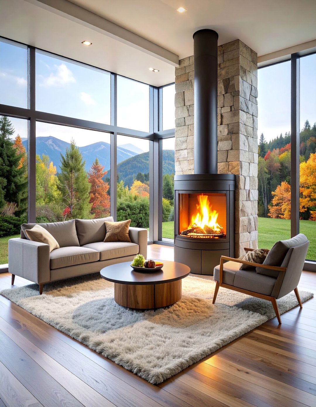 Corner Log Burner with Panoramic Glass Design - 25 Log Burner Ideas