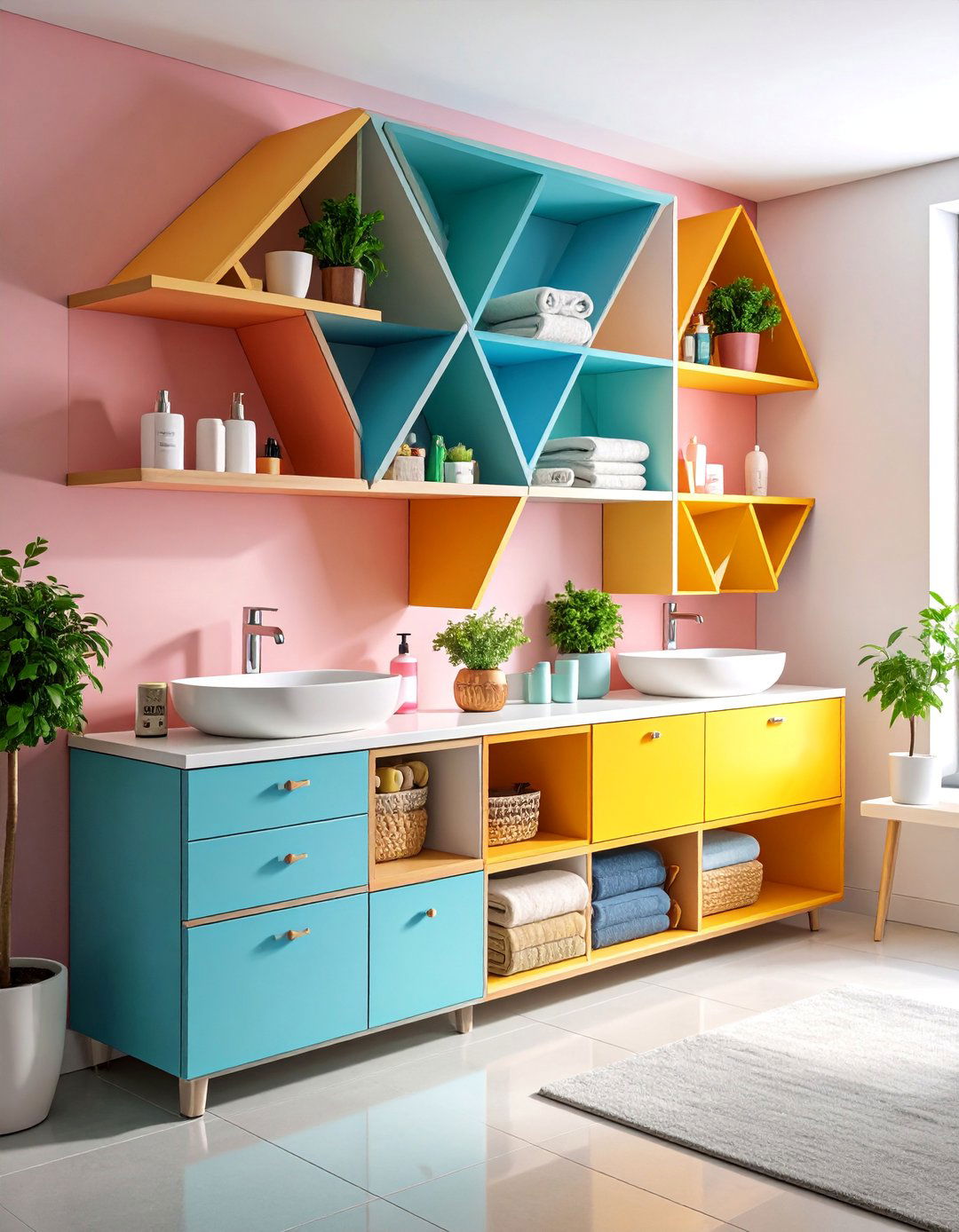 Corner Maximization System with Triangular and Curved Storage - 25 Bathroom Organization Ideas