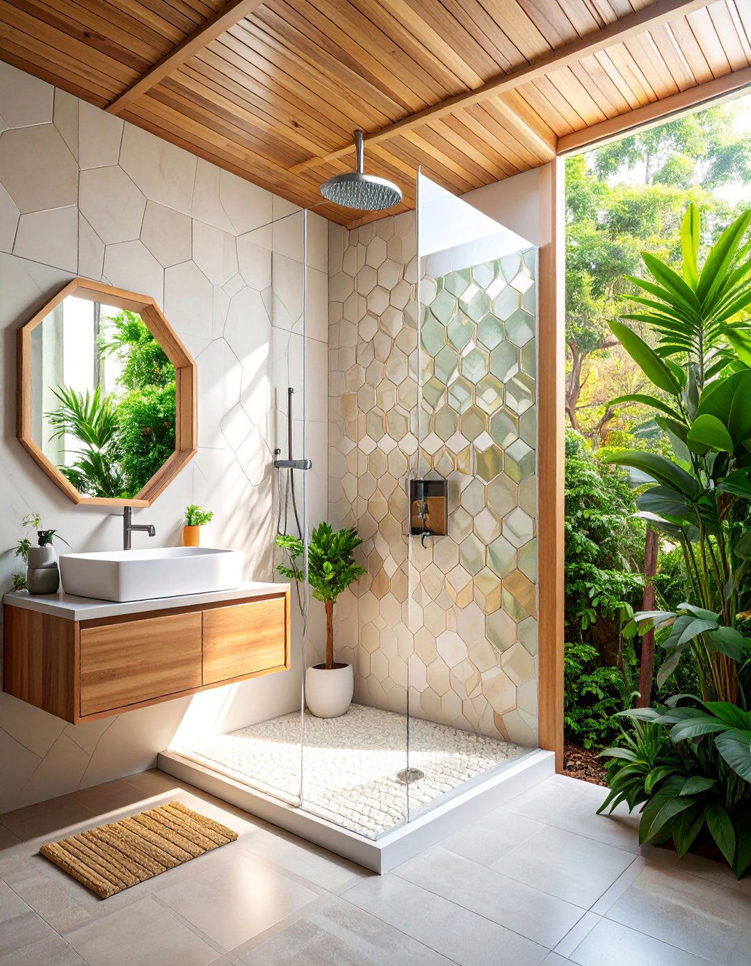 Corner Mosaic Shower Niche with Geometric Patterns - 25 Shower Niche Ideas