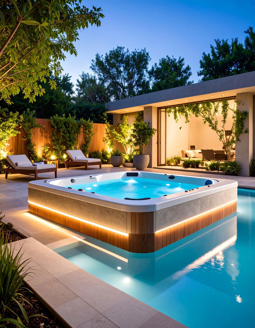 Corner Mounted Contemporary Hot Tub - 25 Rectangle Pool With Hot Tub