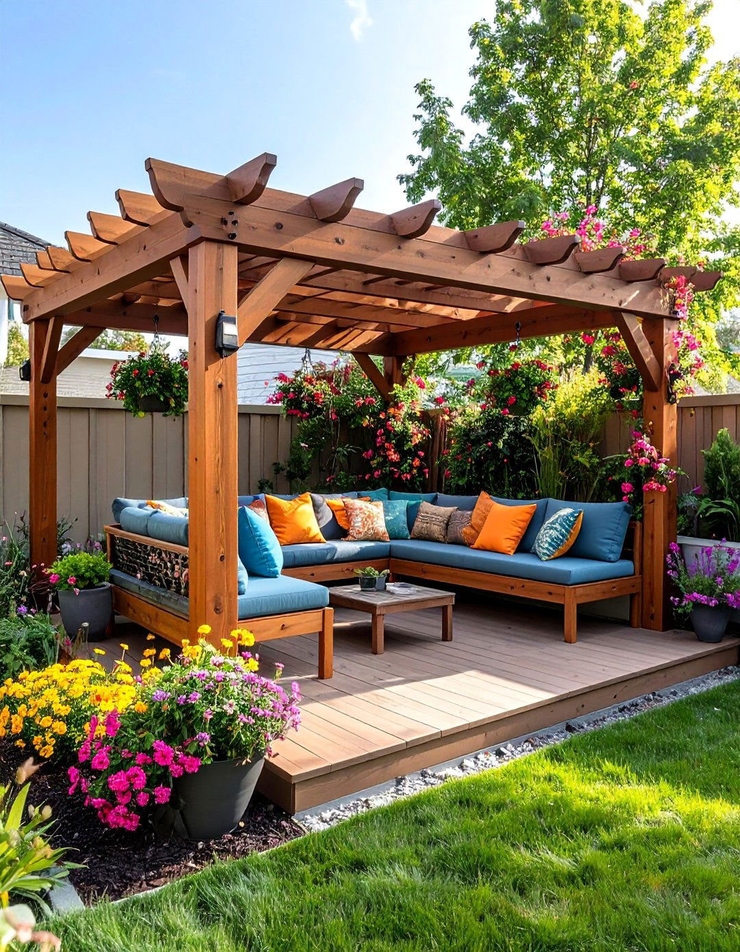 Corner Pergola with Built in Bench Seating - 25 Patio Pergola Ideas