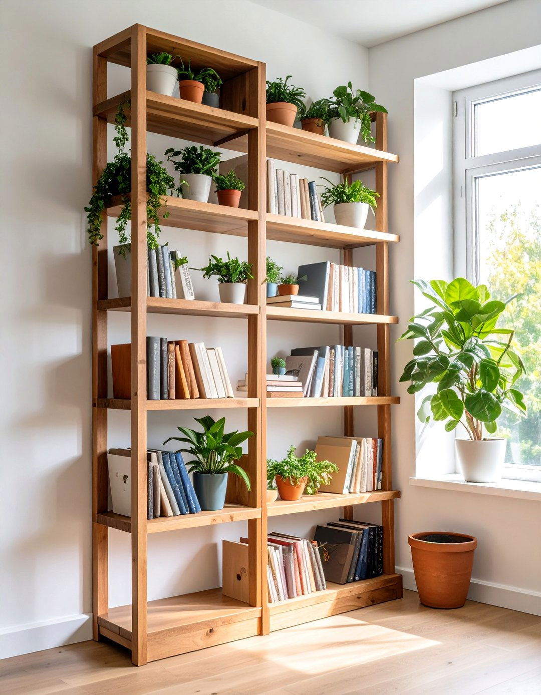 Corner Plant and Book Display with Tiered Shelving - 25 Corner Bookshelf Ideas