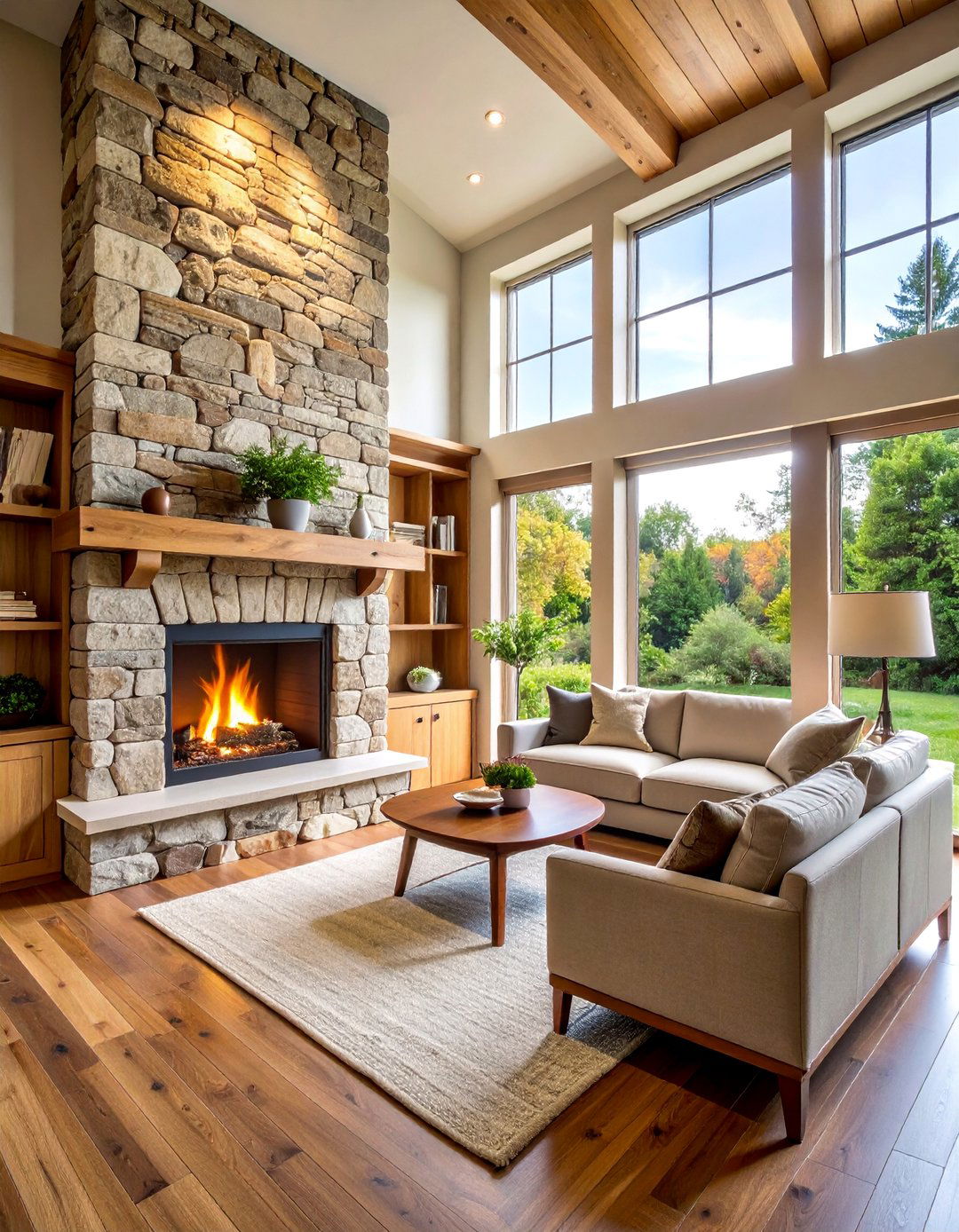 Corner Rustic Fireplace with Built In Storage - 25 Rustic Fireplaces