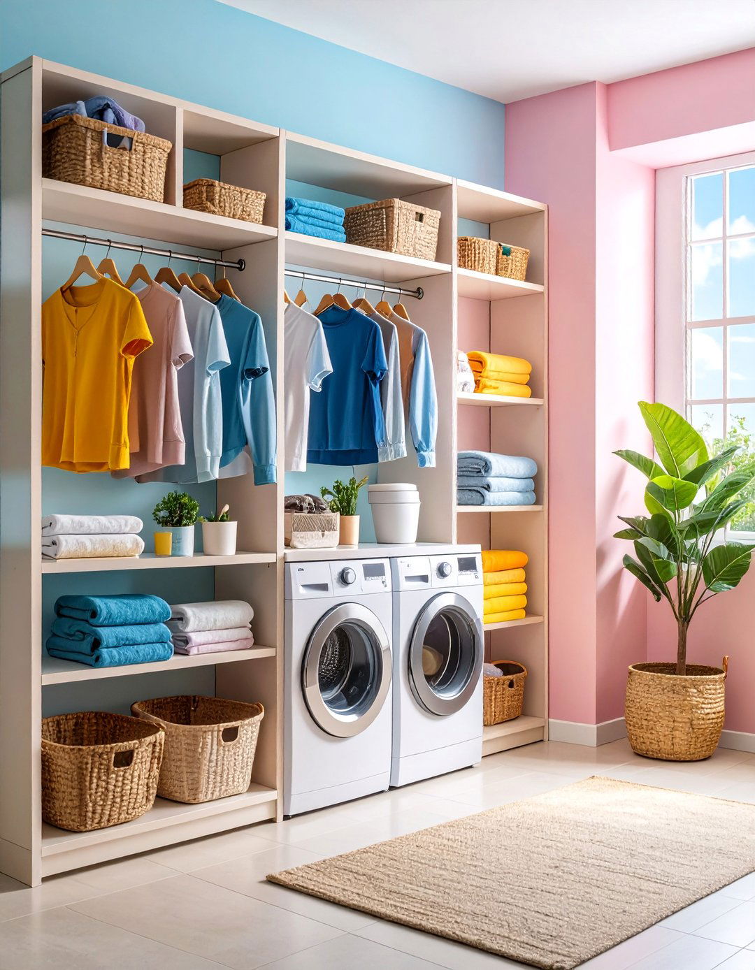 Corner Shelving System with Hanging Rod - 25 Laundry Room Shelf Ideas
