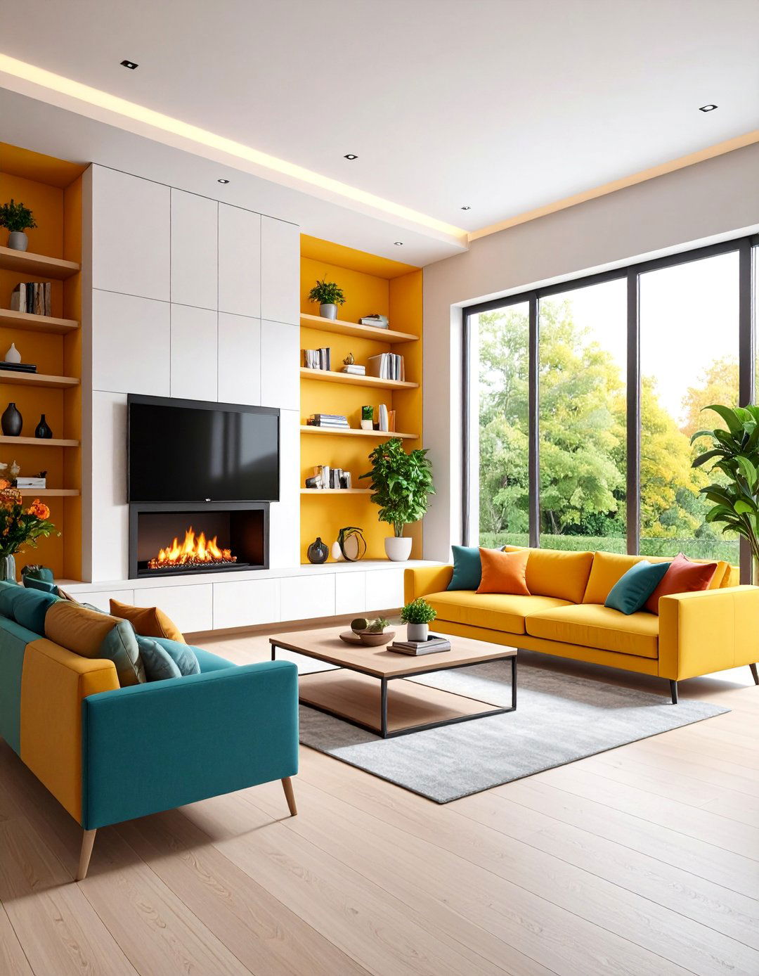 Corner Space Saving Configuration Design - 25 Electric Fireplace Ideas With Tv Above