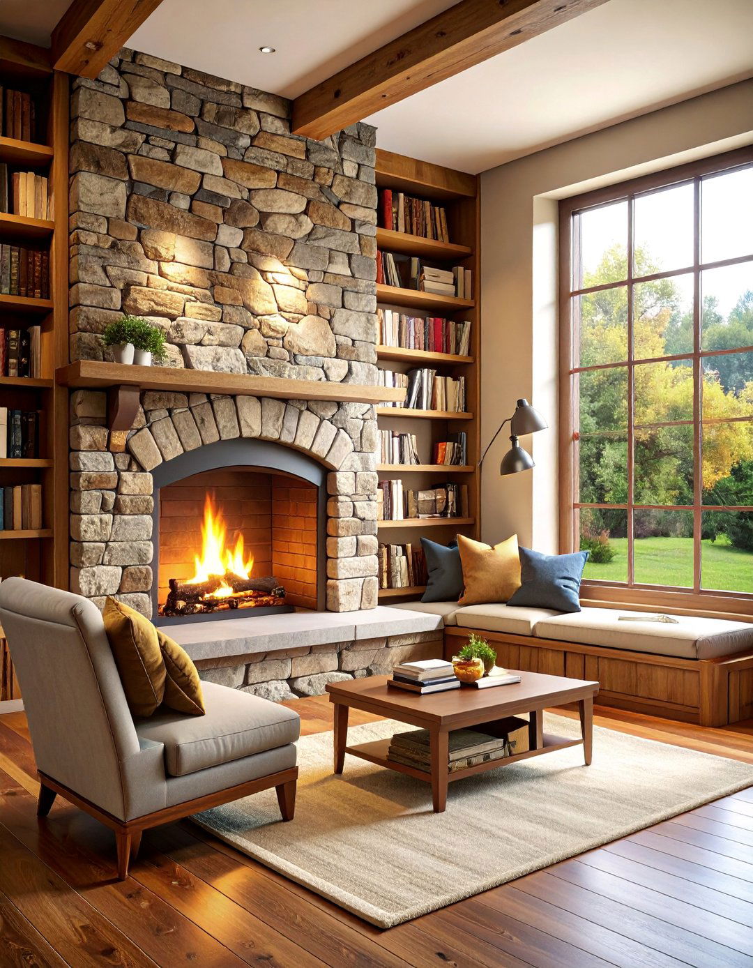Corner Stacked Stone Fireplace with Reading Nook - 25 Floor-to-Ceiling Stone Fireplace Ideas