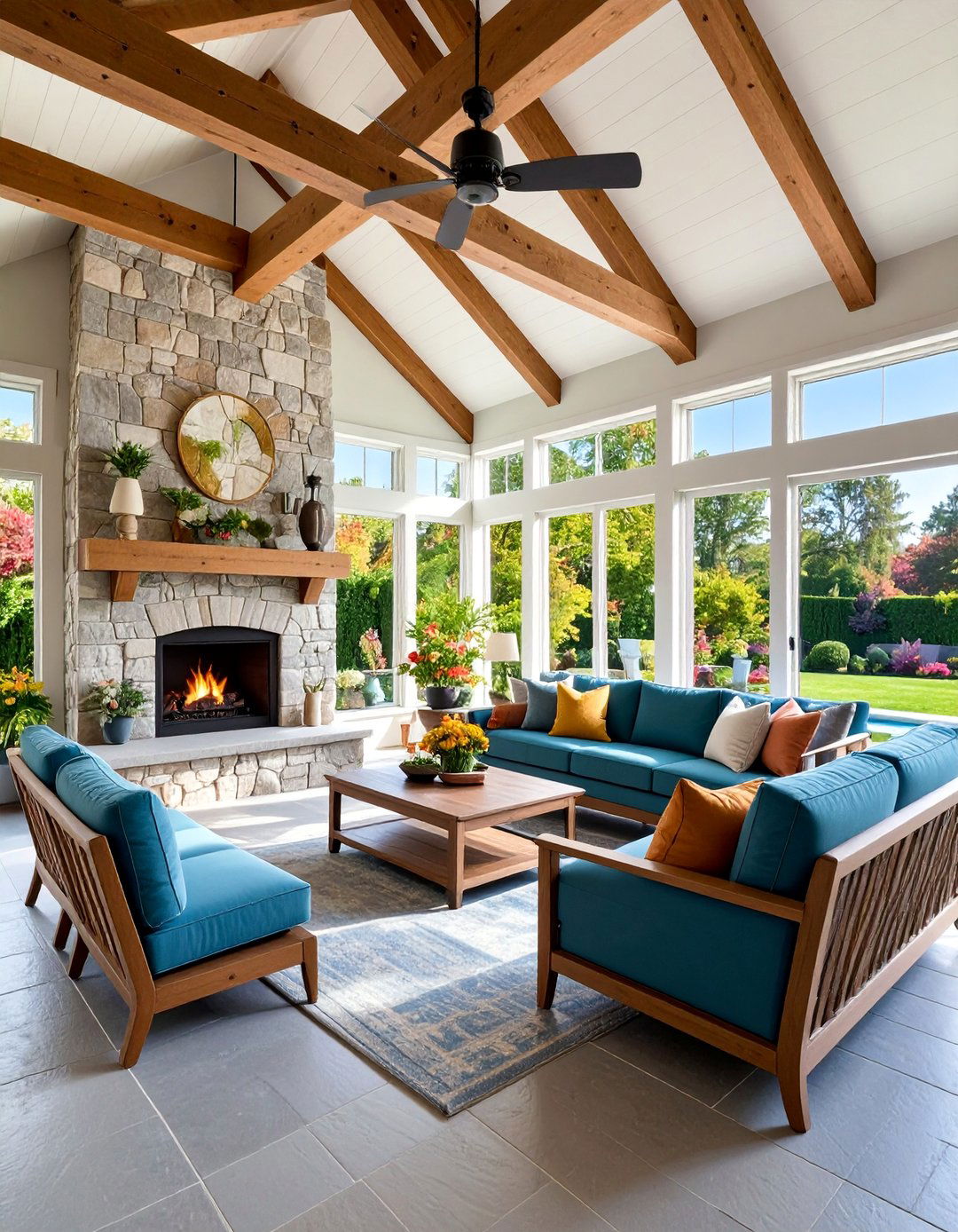 Corner Stone Fireplace Sunroom with Vaulted Ceilings - 25 Sunroom With Fireplace