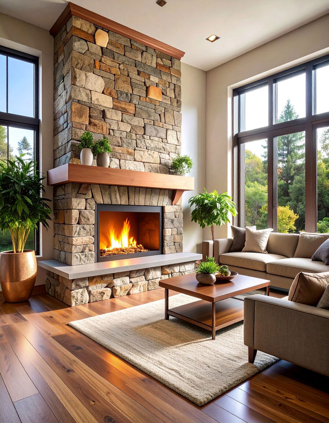 Corner Stone Fireplace with Copper Accents - 25 Mid-century Modern Fireplace Ideas