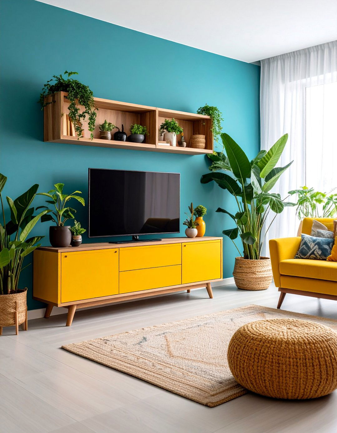 Corner TV Console with Symmetrical Plant Arrangement