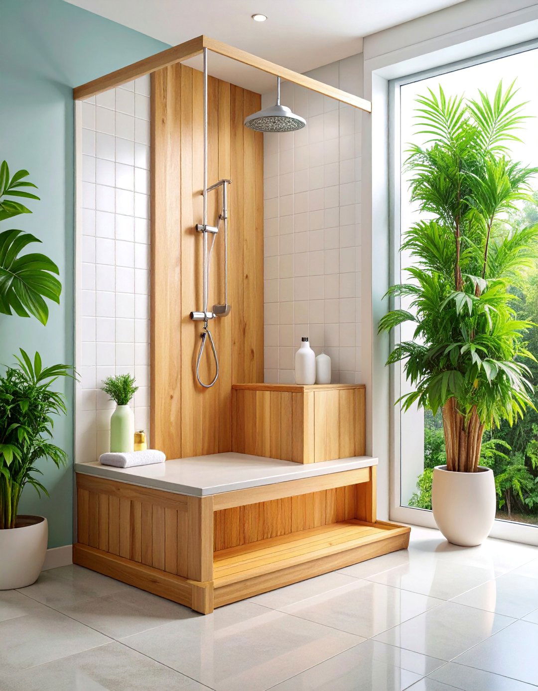 Corner Teak Shower Bench with Storage Shelf - 25 Shower Bench Ideas