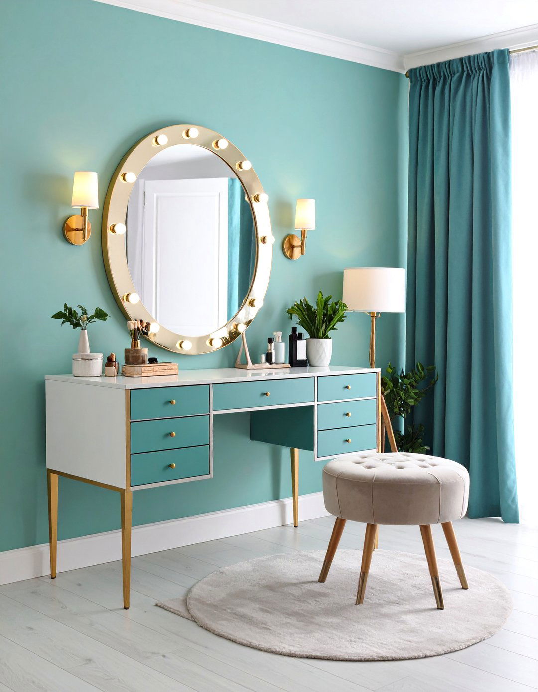 Corner Vanity with Hollywood Mirror - 25 Bedroom Corner Ideas