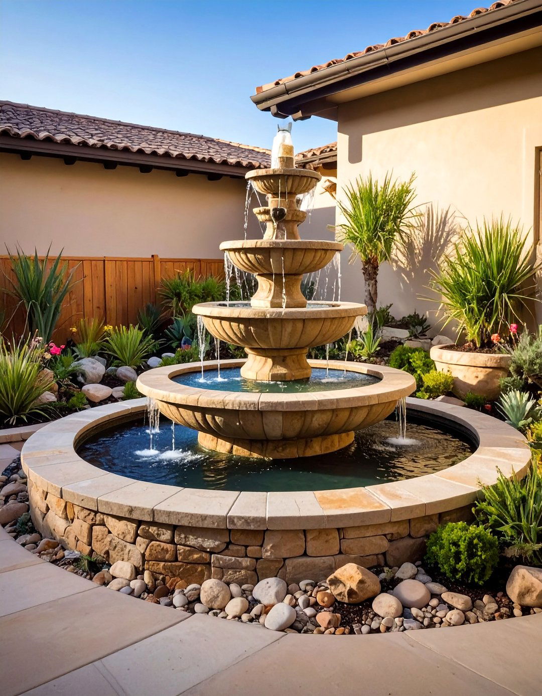 Corner Water Feature with Natural Stone - 25 Corner Patio Ideas