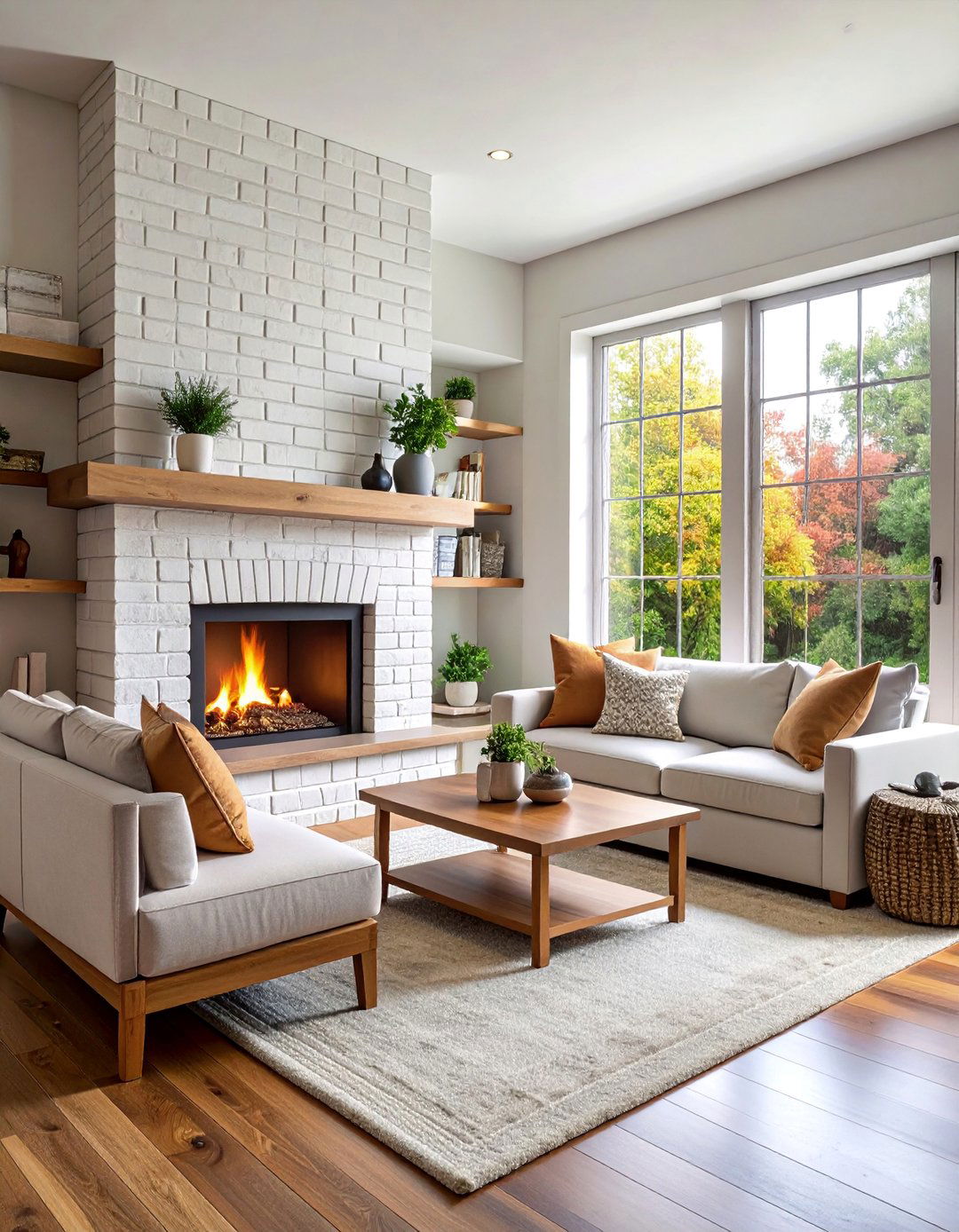 Corner White Brick Fireplace with Built in Seating - 25 White Brick Fireplace Ideas
