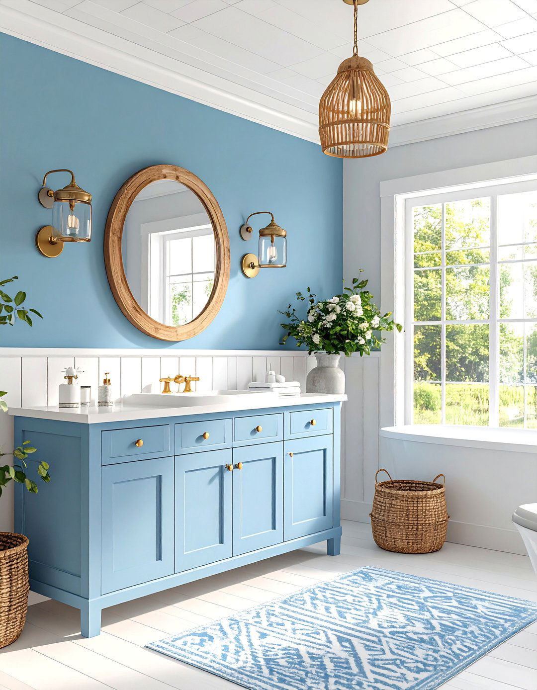 Cornflower Blue Farmhouse Powder Room with Beadboard - 25 blue powder room ideas