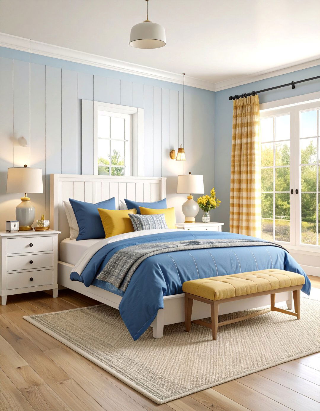 Cornflower Blue and Warm Gold Farmhouse Bedroom - 25 Blue and Gold Bedroom Ideas