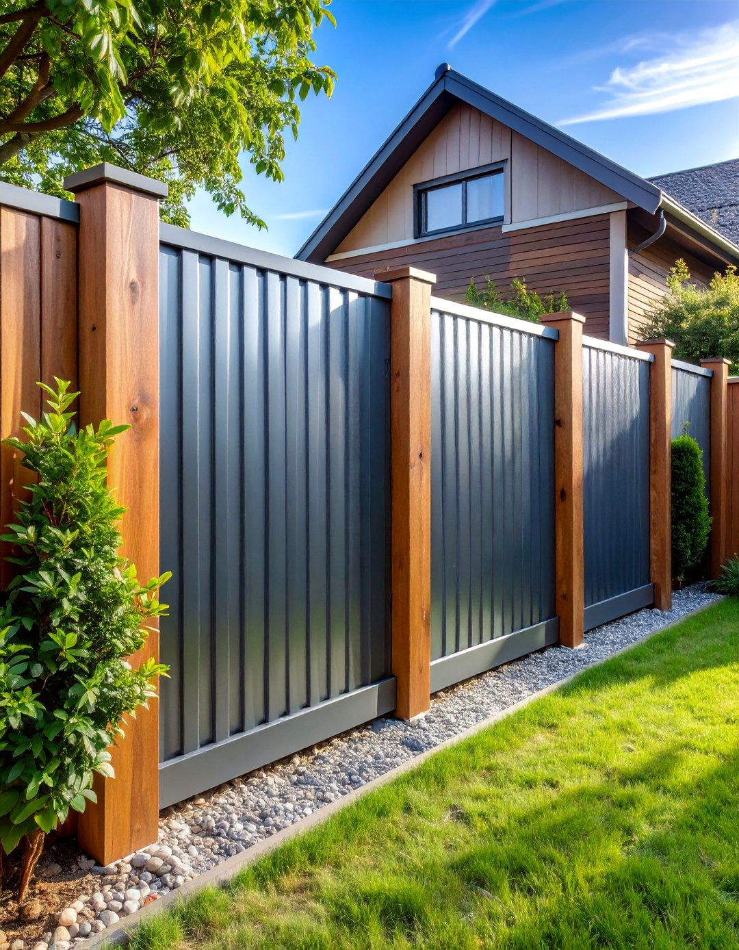 Corrugated Metal Panel Fence with Wood Frame - 25 Cheap Privacy Fence Ideas
